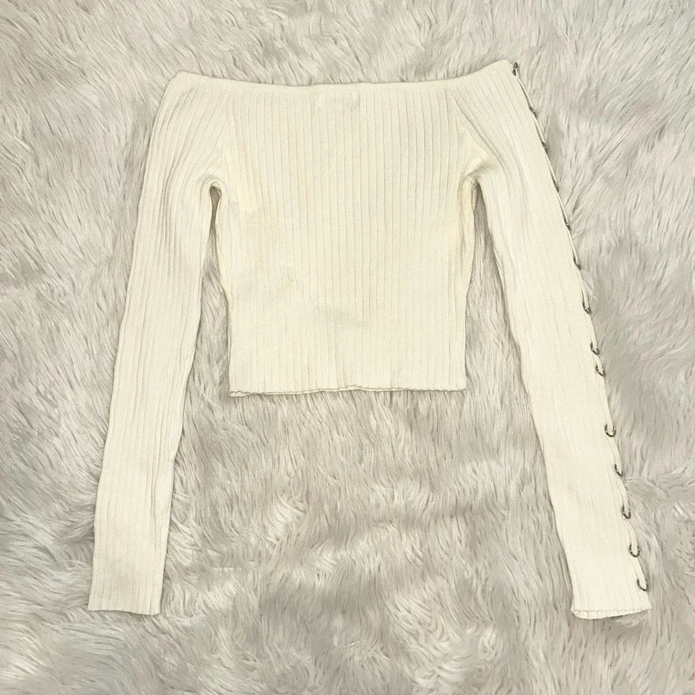REVOLVE Superdown Tamina Off The Shoulder Top Metal Ring Sleeve Rib Knit Blouse